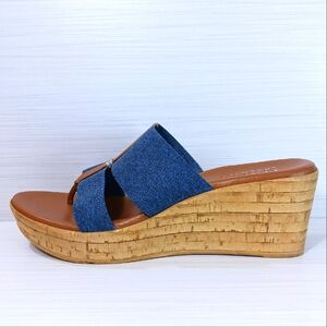Italian Shoemakers Platforms Women's 10 Blue Tan Slip-on Wedge Thong Shoes